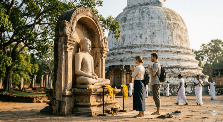 Two tourists practicing respectful temple etiquette by standing to the side of a Buddha statue in Sri Lanka, dressed modestly with shoulders and knees covered.