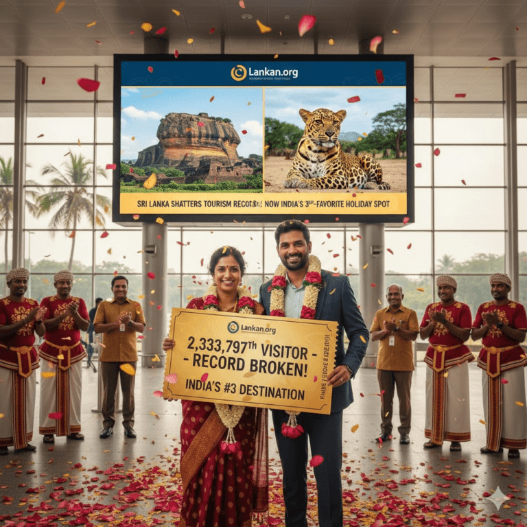 An Indian couple at Bandaranaike International Airport holding a golden ticket celebrating the 2,333,797th visitor to Sri Lanka in 2025, breaking the all-time tourism record.